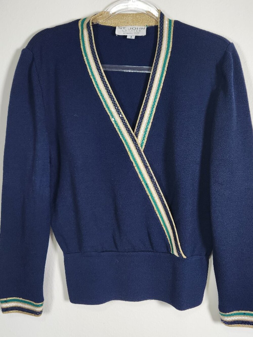 St. John Evening Knit V-Neck Cardigan Sweater Top Size 8 Navy Blue Sequins